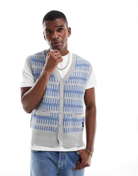 Native Youth - Gilet de costume en maille tressée - Gris et bleu - view 1