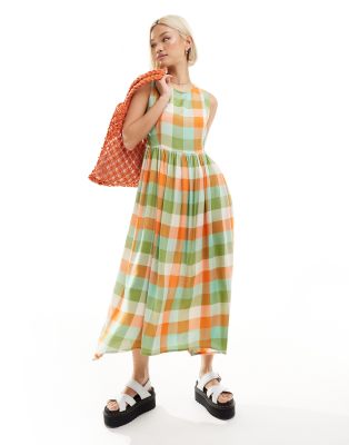 Native Youth Native Youth gingham midaxi smock dress in green and orange-Multi