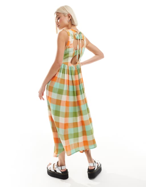 Native Youth gingham midaxi smock dress in green and orange, 3 of 4