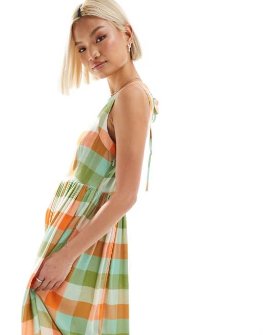 Native Youth gingham midaxi smock dress in green and orange, 4 of 4