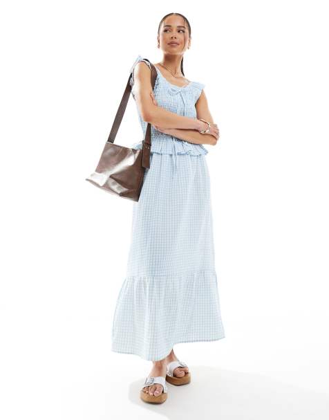 Native Youth gingham ruffle check midi dress in light blue - view 1