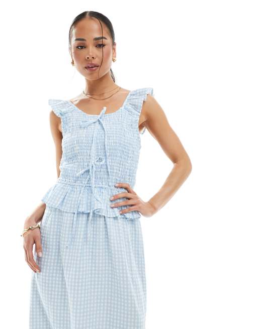 Native Youth gingham ruffle check midi dress in light blue