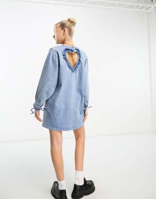 Native Youth Native Youth heart cut-out detail mini smock dress in blue washed denim