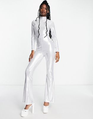Native Youth high neck fitted unitard in silver disco - ASOS Price Checker