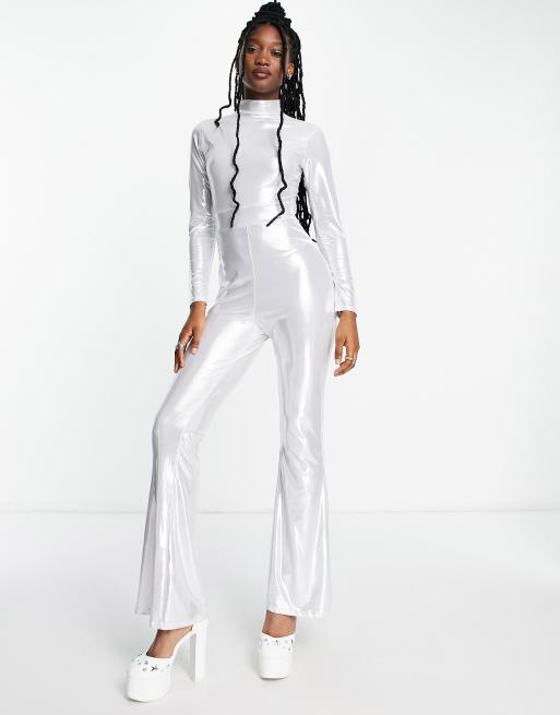 Native Youth high neck fitted unitard in silver disco | ASOS