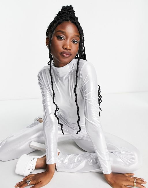 Native Youth high neck fitted unitard in silver disco | ASOS