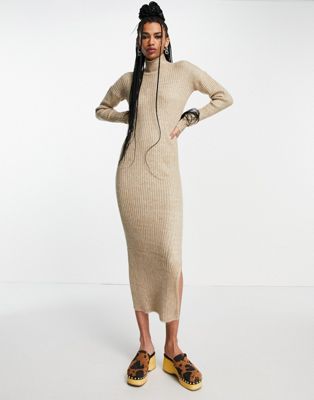 Native Youth high neck knitted midi dress with side split in stone