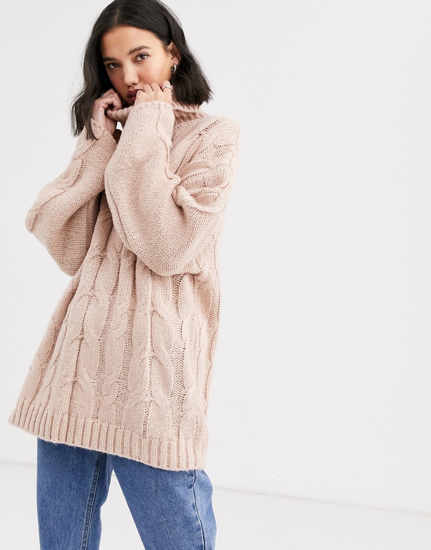 Native Youth High Neck Sweater In Chunky Cable Knit-pink