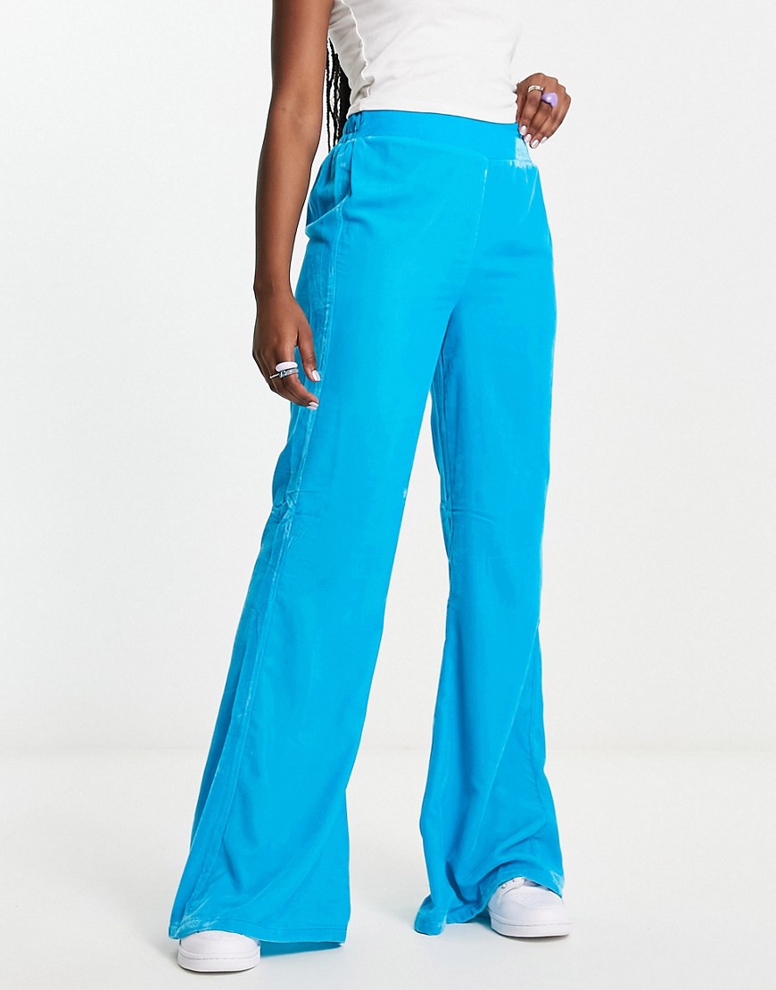 high waist flare pants in pop blue velvet - part of a set