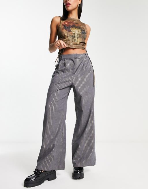 Dark Grey Pinstripe High Waist Wide Leg Trousers