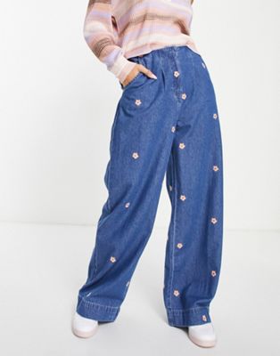 Native Youth high waisted wide leg jeans with flower embroidery co-ord