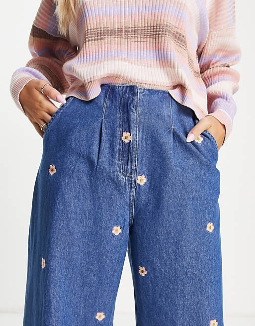 Women Native Youth high waisted wide leg jeans with flower embroidery co-ord 