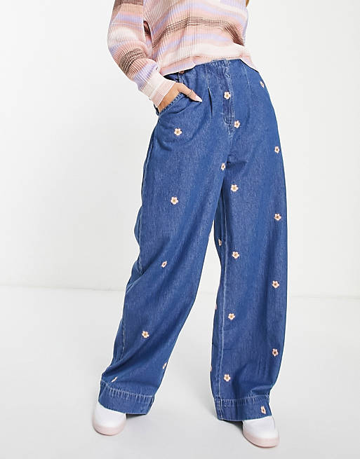 Native Youth high waisted wide leg jeans with flower embroidery - part of a set