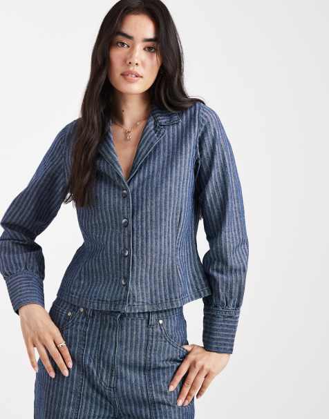Native Youth jacquard stripe denim tailored shirt in blue - view 1