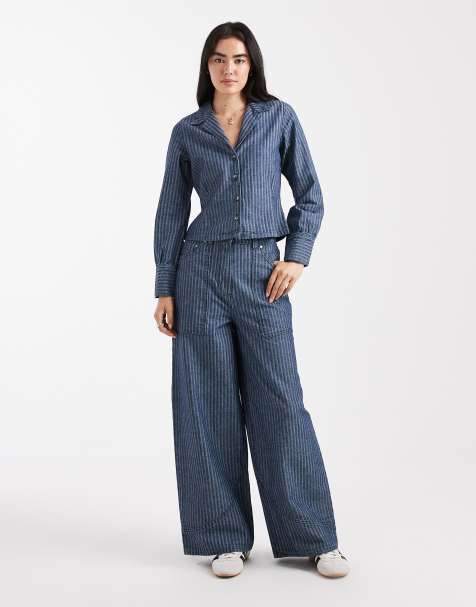 Native Youth jacquard stripe wide leg jean in blue - view 1