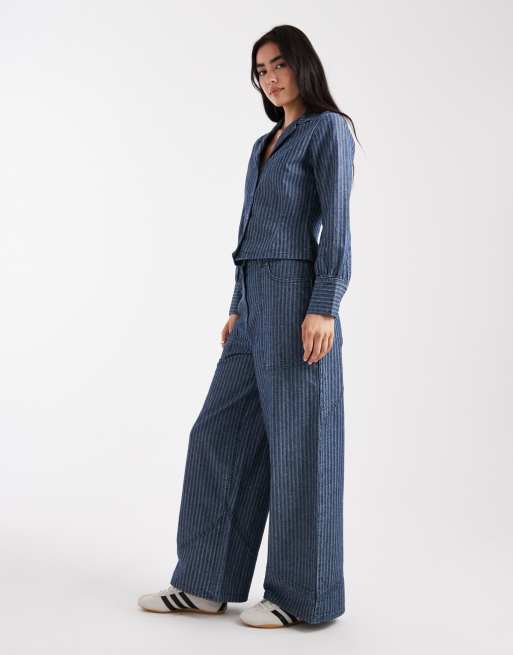 Native Youth jacquard stripe wide leg jeans in blue, 3 of 5