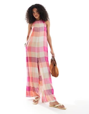 Native Youth - Karierter Neckholder-Jumpsuit in mehreren Rosa-Tönen