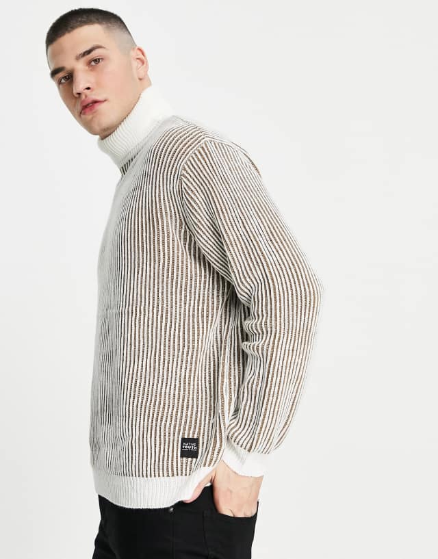 Native Youth knitted deep ribbed roll neck sweater in stone