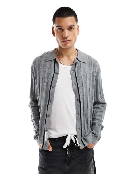 Native Youth knitted jacquard stripe long sleeve shirt in grey - view 1