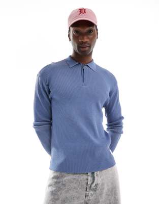 Native Youth Native Youth knitted rib zip polo top in mid blue