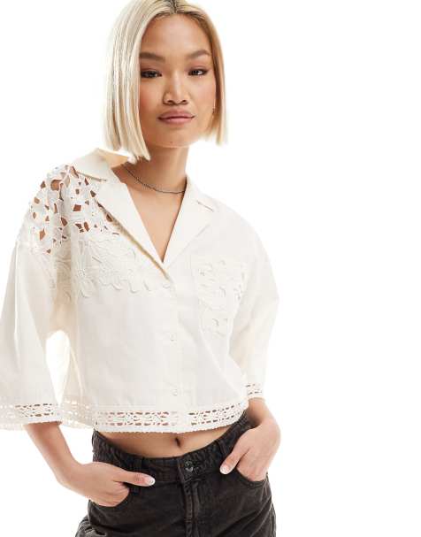 Native Youth lace insert cropped boxy shirt in white - view 1