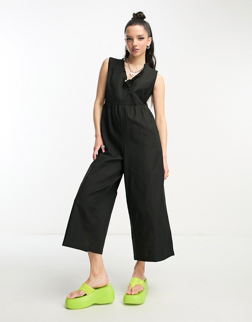 Native Youth linen cross over wide leg jumpsuit in black-Blue