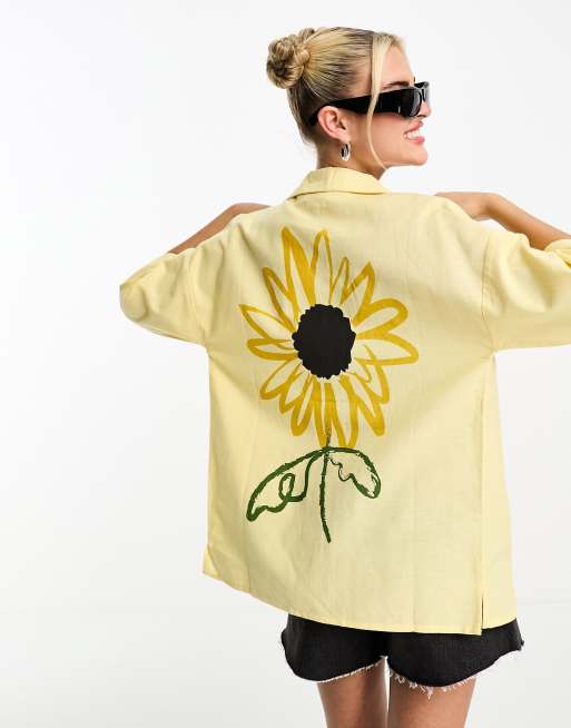 Native Youth linen mix sunflower print bowling shirt in lemon yellow