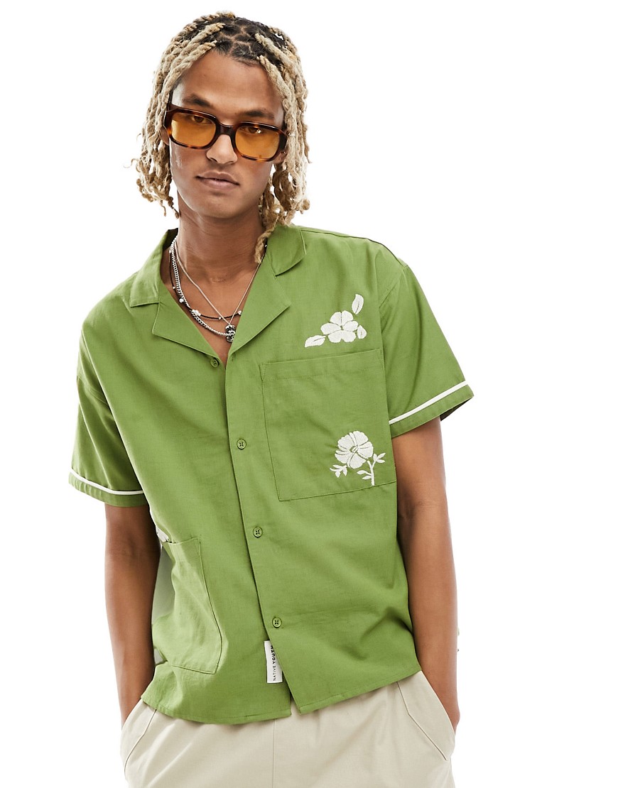 Native Youth linen revere collar short sleeve embroidered shirt in khaki-Green