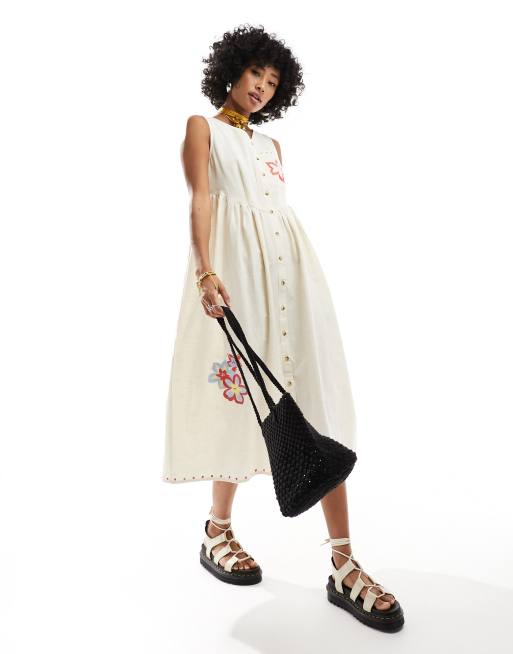 Native Youth - Linnen midi-jurk met geborduurd detail en knoopsluiting in neutraal