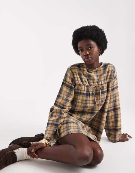Native youth long sleeve dress in yellow check  - view 1