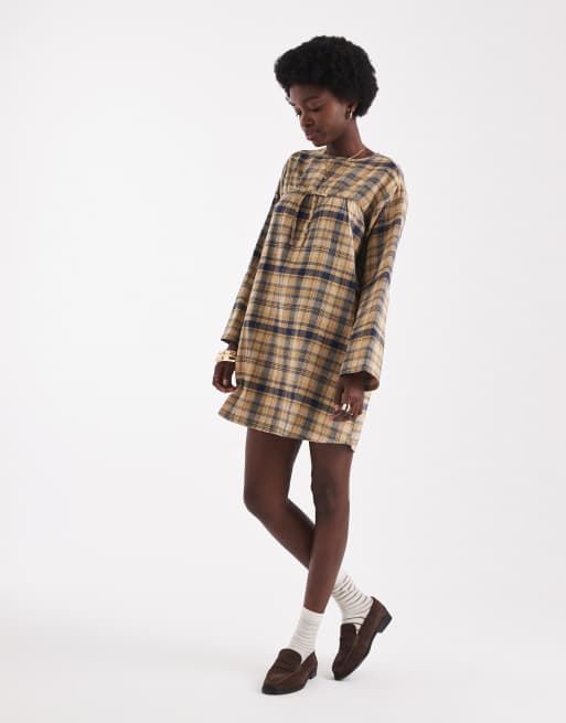 Native youth long sleeve dress in yellow check , 2 of 4