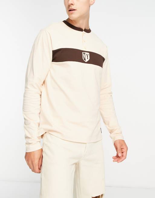Native Youth long sleeve placket t-shirt in brown