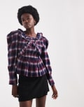 [Native Youth] Native Youth long sleeve ruffle detailed blouse in burgundy tartan print-Red 6 BURGUNDY