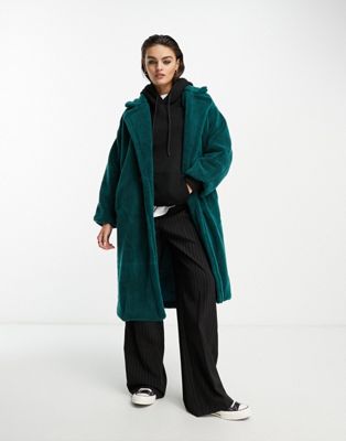 Native Youth longline borg teddy overcoat in teal