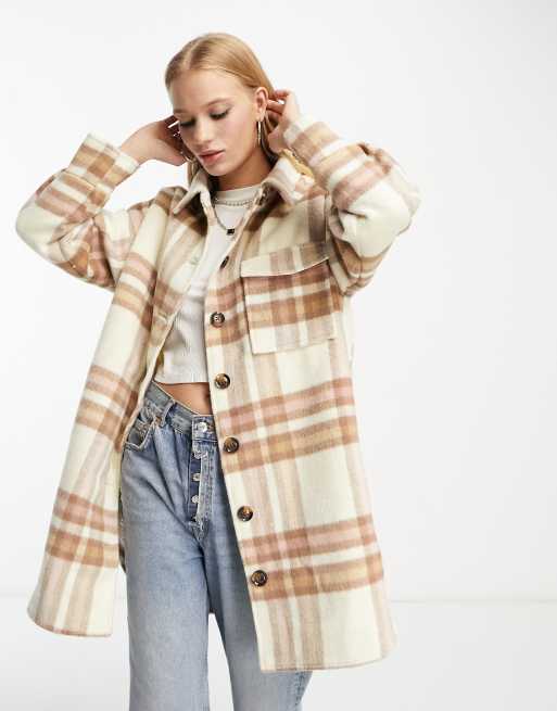 Native Youth longline brushed shacket in beige check | ASOS