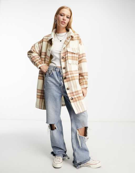 Native Youth longline brushed shacket in beige check | ASOS