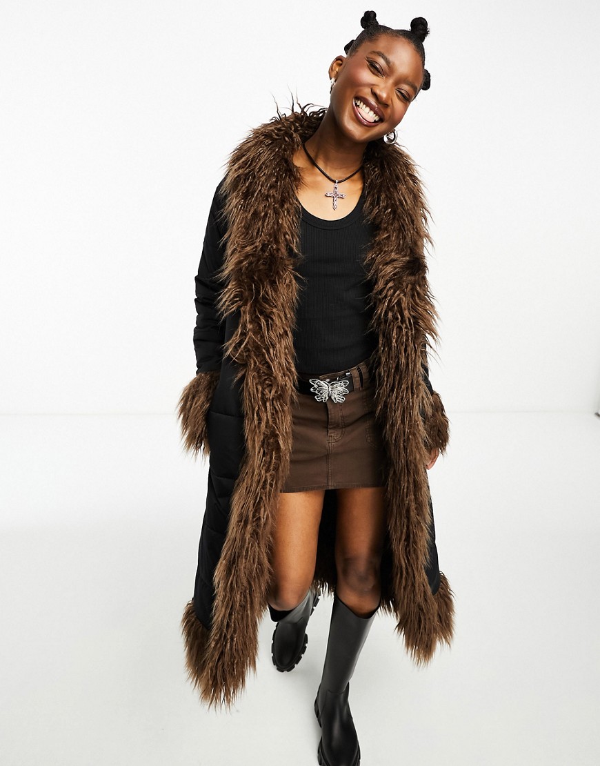Native Youth longline cocoon puffer coat in black with brown faux fur trim
