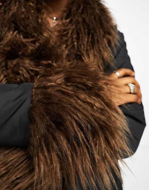 Native Youth longline cocoon puffer coat in black with brown faux fur trim, 2 of 4