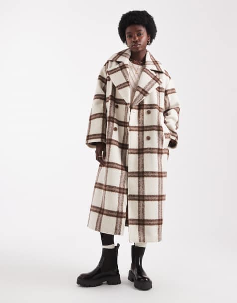 Native Youth longline gingham overcoat in brown cream - view 1