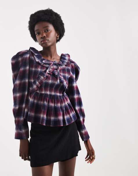 Native Youth longsleeve ruffle detailed blouse in burgundy tartan print - view 1