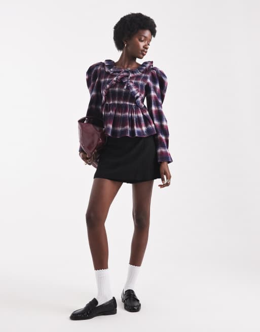 Native Youth longsleeve ruffle detailed blouse in burgundy tartan print, 2 of 4