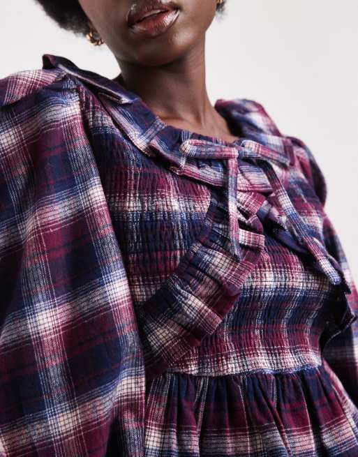 Native Youth longsleeve ruffle detailed blouse in burgundy tartan print, 3 of 4