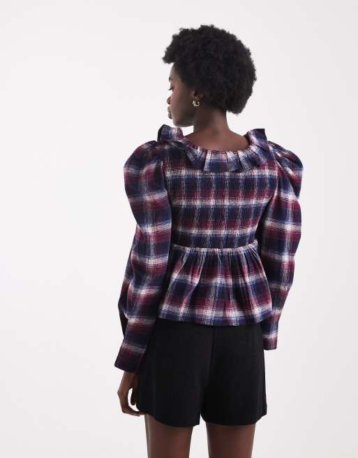 Native Youth longsleeve ruffle detailed blouse in burgundy tartan print, 4 of 4
