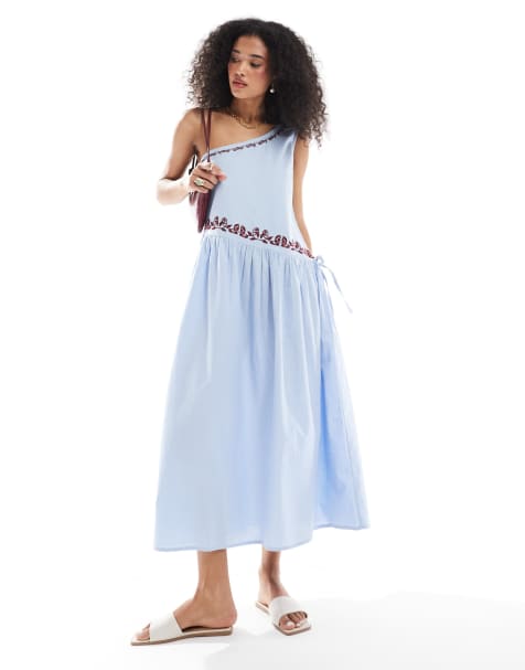 Native Youth - Lyseblå midaxi-kjole med oneshoulder-snit og broderier i hørblanding - view 1