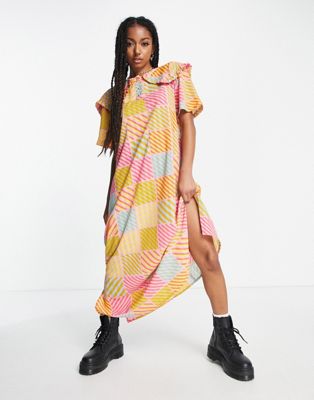 Native Youth maxi dress with pleated collar in textured check