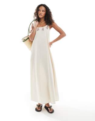 Native Youth - Maxikleid aus Leinen in Steinbeige mit Bordürenstickerei-Neutral
