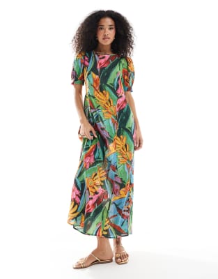 Native Youth - Maxikleid mit buntem, tropischem Muster und Noppenstruktur