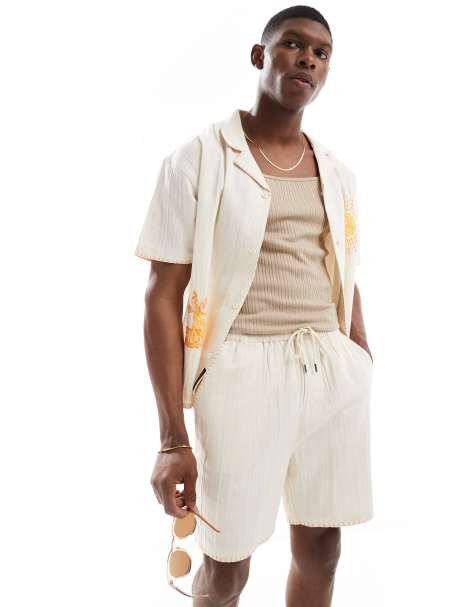 Native Youth mid length shorts with embroidered trim in cream - view 1