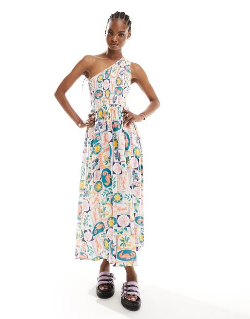 Native Youth - Midaxi-jurk met blote schouder en tegelprint in multi