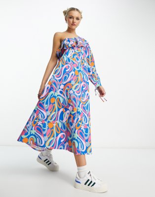 Native Youth - Midaxikleid mit blau-buntem Farbklecks-Print und One-Shoulder-Träger